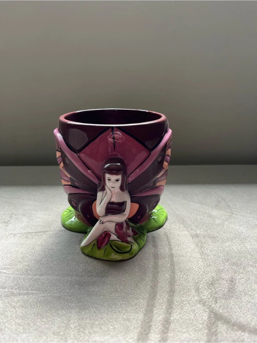 Pink and Green Ceramic Fairy Mug - Decorative Butterfly Design